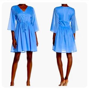 ATM Anthony Thomas Melillo Cotton V-Neck Mini Dress Sky Blue 3/4 Sleeve S $330